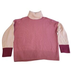 Garnet Hill Colorblock Turtleneck Sweater Merino Wool Cotton Pink Oversized Sz L